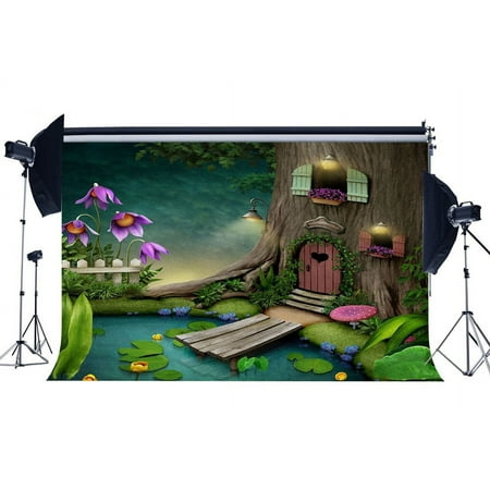 Image of 7x5ft Photography Backdrop Dreamy Fairy Tale Old Tree House Pool Flowers Mushroom Lotus Leaf Fantasy Backdrops for Baby Kids Children Princess Background Photo Studio Props