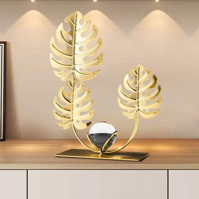 Joyería de Metal, Base de Bola de Cristal de Ginkgo, Arte, Estatua Dorada, Escultura de Línea de Hoja, Decoración, Escritorio de Oficina En Casa, Estantería
