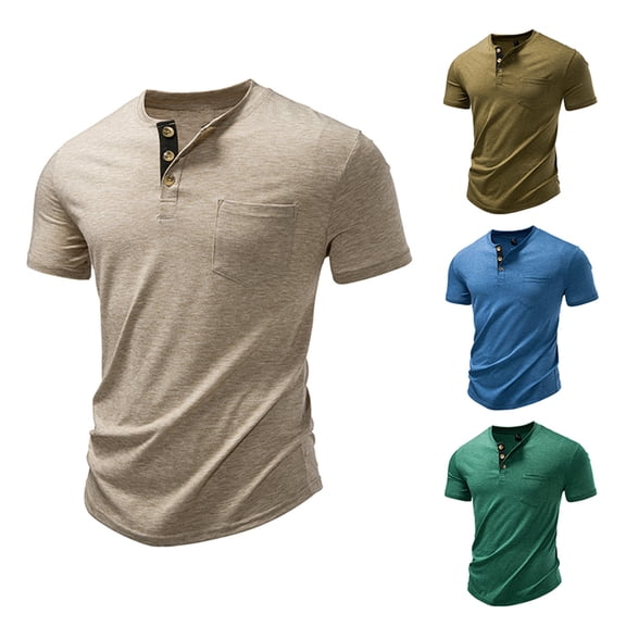 FRSASU Men's Lightweight Henley Shirt Casual Stretch Slim Fit Short Sleeve Button Up T-Shirt with Pocket Khaki