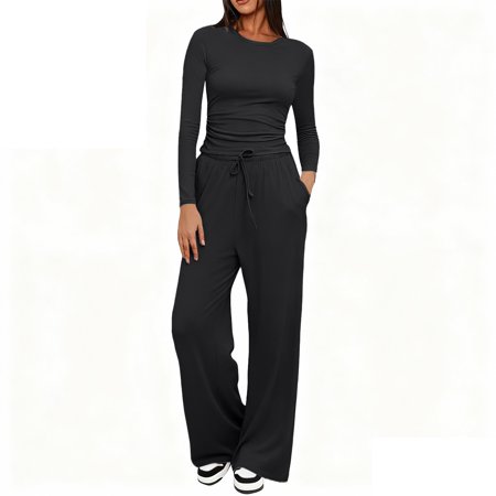 Soyumi Pajama Solid Color Y2K Comfortable Basic Winter Clothing Lounge Long Sleeve tops and Pants French Pajamas Matching Sets Fashion Clothing Cute Winter Sweatsuits tops and Pants Comfy Black