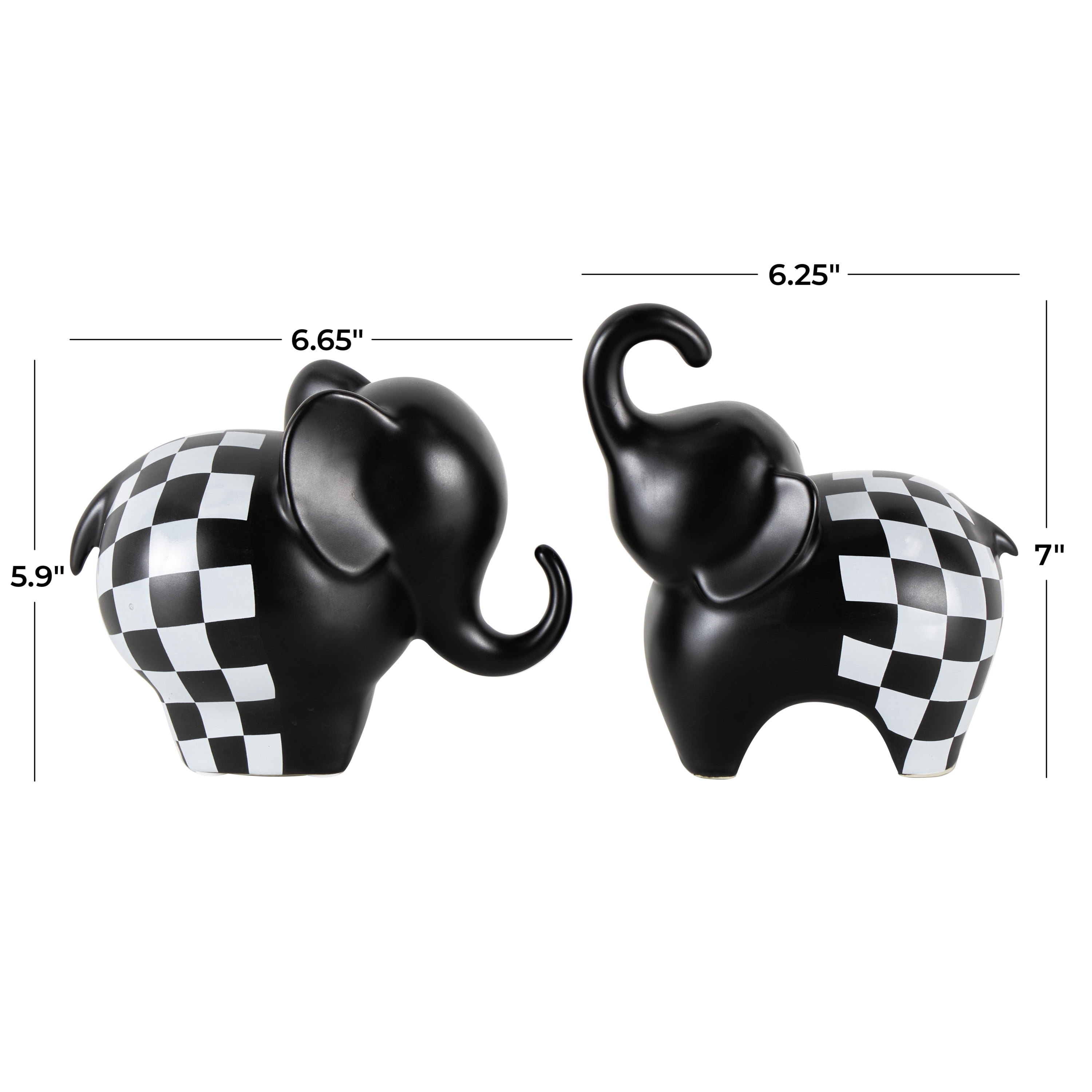 6", 7"H Black Ceramic Small Elephant Sculpture with Checkered Pattern, by DecMode (2 Count)