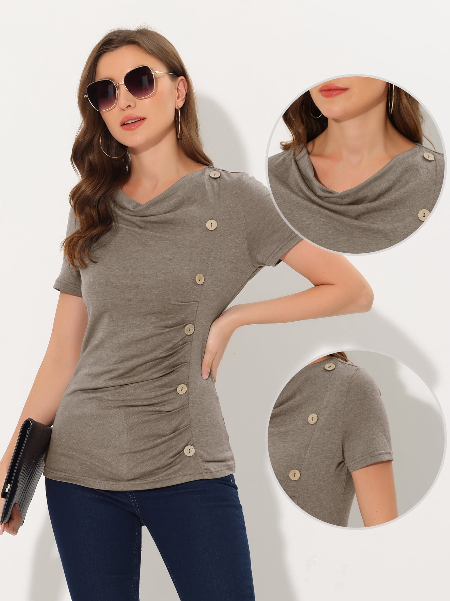 DARING DIVA Women's Cowl Neck Ruched Short Sleeve Tops with Button Decor S Brown