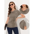thumbnail image 2 of DARING DIVA Women's Cowl Neck Ruched Short Sleeve Tops with Button Decor XS Brown, 2 of 6