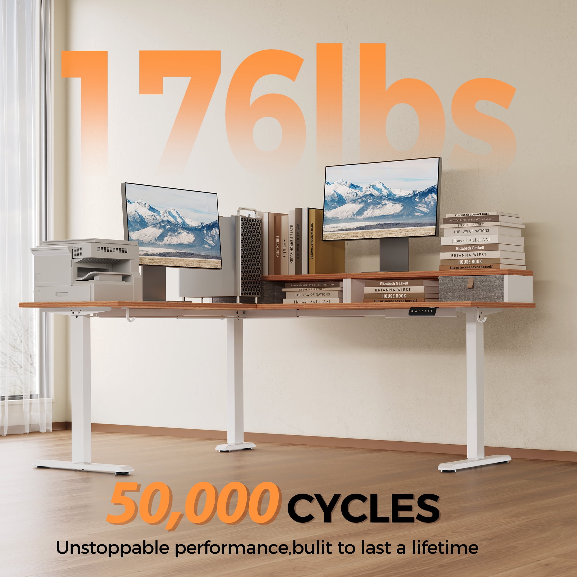 62.9" L Shaped Standing Desk with Drawers & Monitor Shelf, Electric Height Adjustable Corner Desk, Ergonomic Home Office Computer Desk with Hooks & Cable Management,Light Rustic Brown