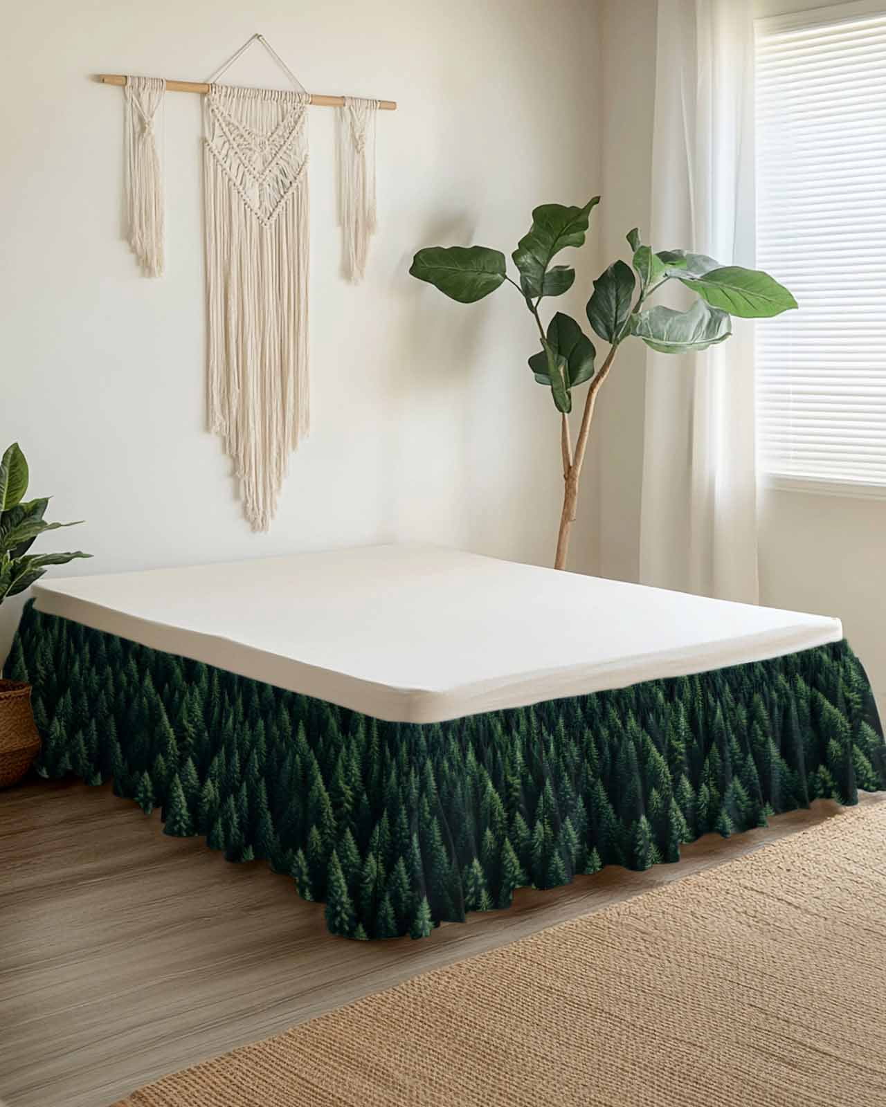 Green Forest Wrap Around Bed Skirts for Queen Bed 16" Drop, Bed Skirt with Adjustable Elastic Belt Dust Ruffle Bed Valance for Bedroom Hotel Luxury Modern Pine Trees Mysterious Art Bed Frame Cover
