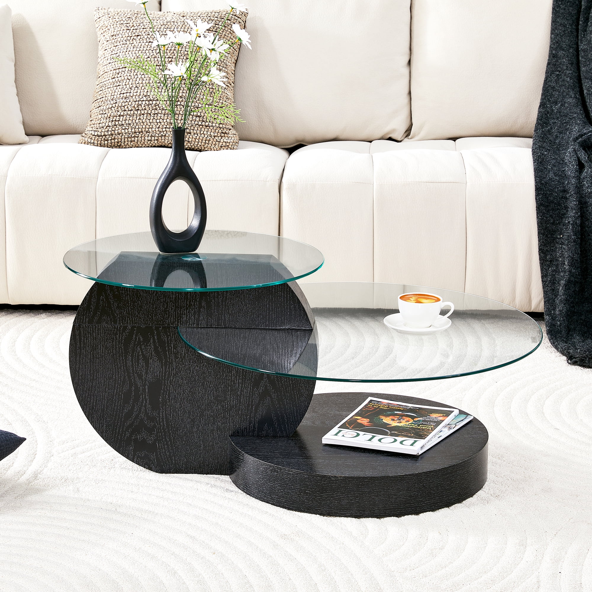 JUFU 35.4" Glass Coffee Table, Modern Round Coffee Table with MDF Base, 2-Tier Tempered Glass Top, Easy to Assemble, Ideal for Living Room, Small Space, Home Office