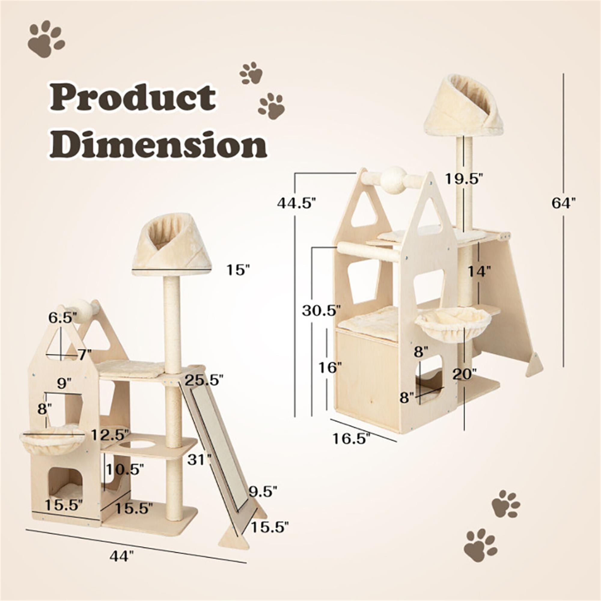 Kadyn 64" Wood Cat Tree Tower for Indoor Cats with Scratching Posts Washable Detachable Cushion, Modern Cat Condo Furniture for Large Cat, Beige