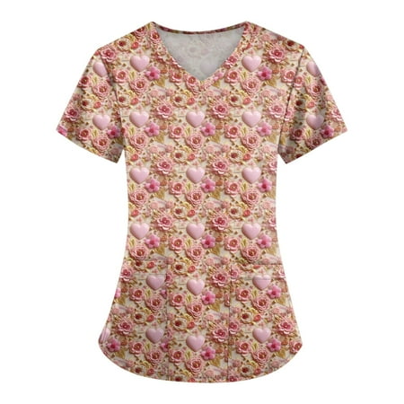 UoCefik Valentines Day Jogger Scrubs for Women Plus Size Love Heart Pattern Holiday Nursing Uniforms Cute Medical V Neck Short Sleeve Tshirts Nurse Scrub Shirt Tops with Pockets Light pink 4XL