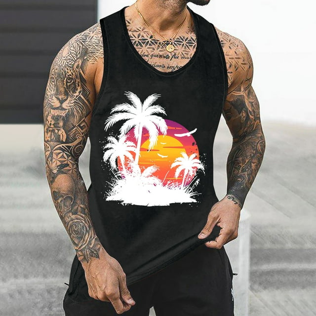 Styesk Tank Tops Men Men's Tank Colorless Gradient Printing Round Neck Thin Strap Leakage Back Regular Casual Sports Tank Blouses