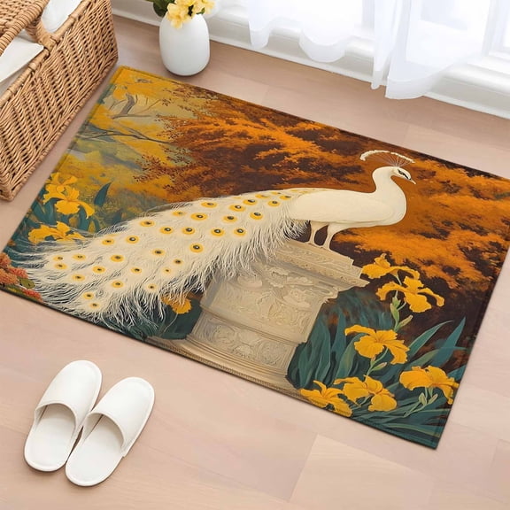2x3 Ft Entryway Area Rug, White Peacock Kitchen Rug Runner Washable Floor Mat, Retro Garden Botanical Floral Non Slip Indoor Door Mat Throw Carpet for Bathroom Living Room Bedroom