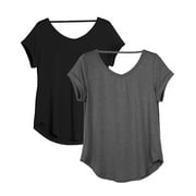 icyzone Open Back Yoga Shirts for Women - Exercise Workout Tops, Athletic Short Sleeves, Running T-Shirts Loose Fit