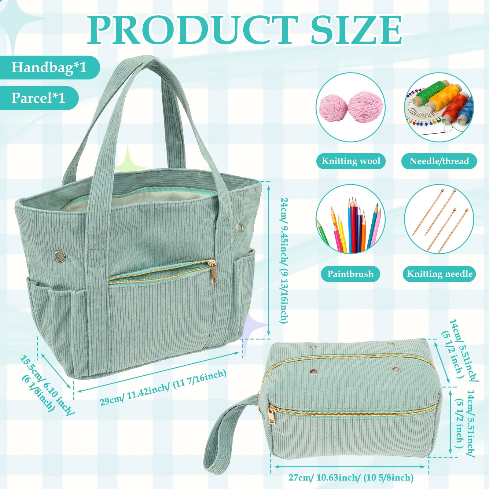 FKSZLL Crochet Bag and Tote 11.5" Corduroy Yarn Bag with Multiple Compartment Knitting Bag Crochet Tote Organizer for Crochet Lover