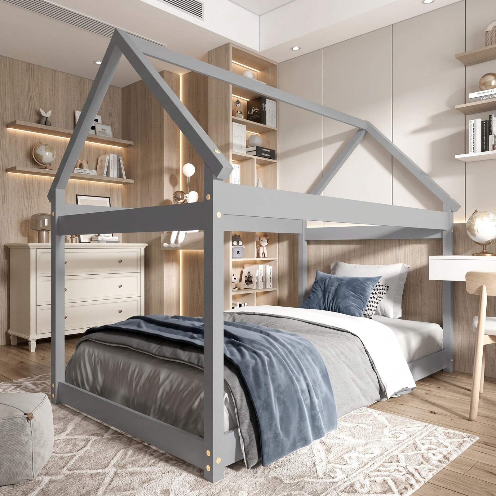 Furnibear Kids House Floor Bed Frame with Roof and Heavy-Duty Slats for Boys and Girls Bedroom with Montessori Design, Gray