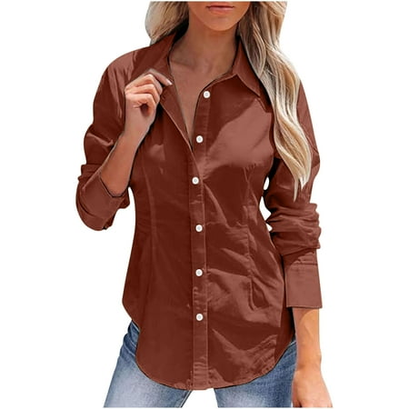 nerohusy Women s Linen Top Women s Button Down Linen Shirts Long Sleeve Dress Shirts Wrinkle Free Collared Work Office Solid Blouses Corset Tops 2025 Brown L