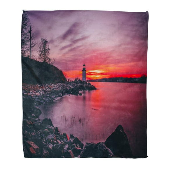JSDART Throw Blanket Warm Cozy Print Flannel Blue Fort Pickering Winter Island Lighthouse at Sunrise Located in Salem House Comfortable Soft for Bed Sofa and Couch 50x60 Inches
