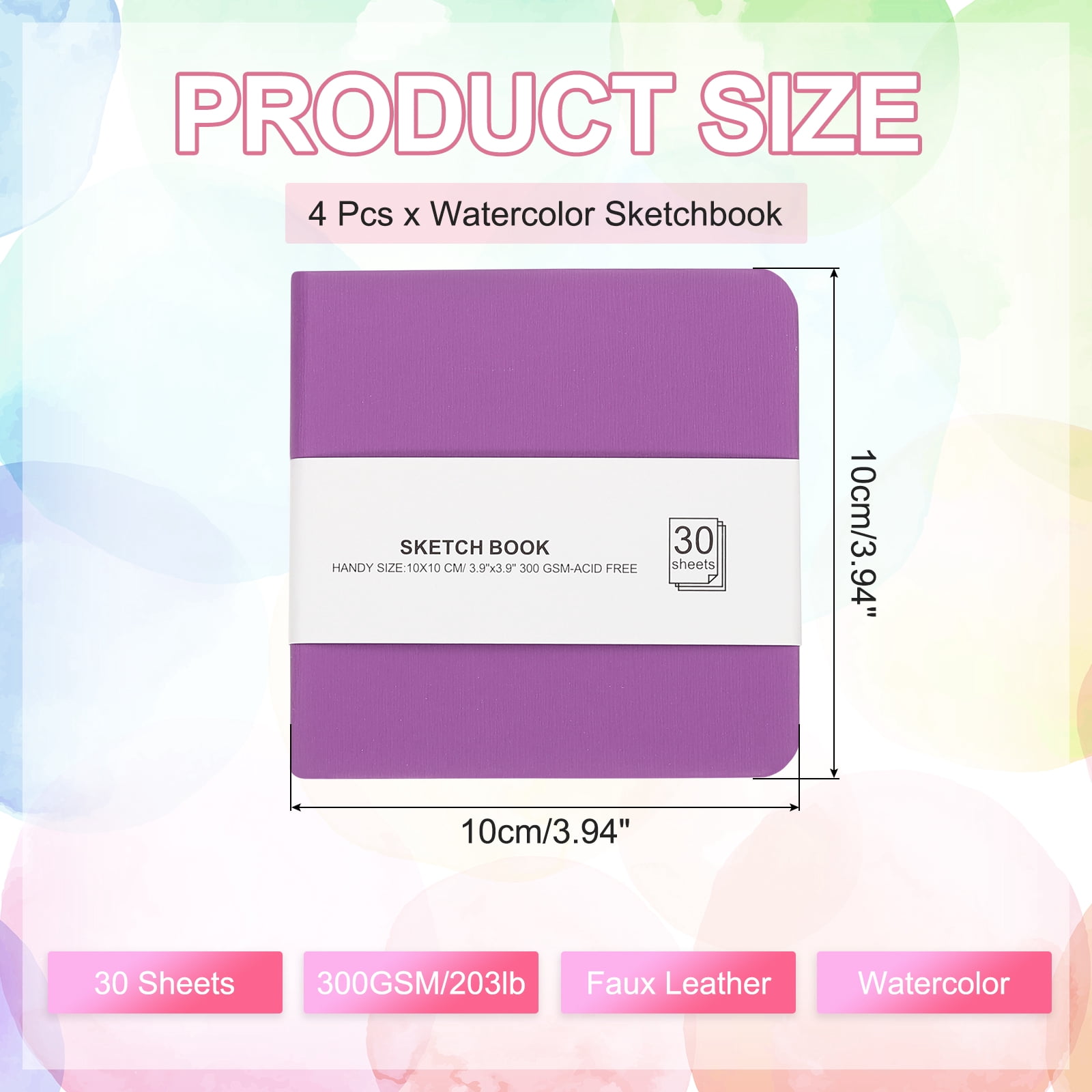 Uxcell 4x4" Watercolor Paper Sketchbook, 4Pcs 30 Sheet 300GSM/203lb Acid Free Watercolor Journal Hardcover Artists Paper Pads for Painting, Light Purple