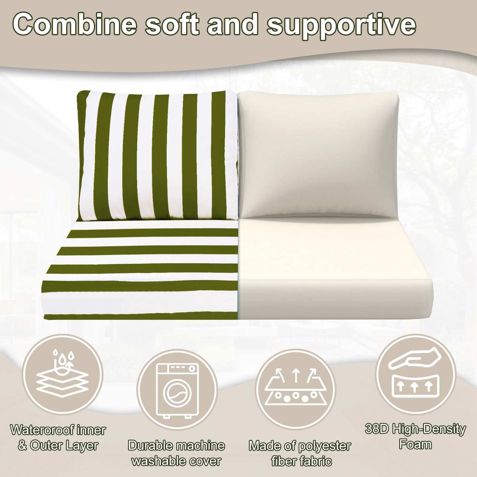 Outdoor Loveseat Cushion Set, Water Repellent Patio Furniture Cushions Replacement, 48 x 24 inch
