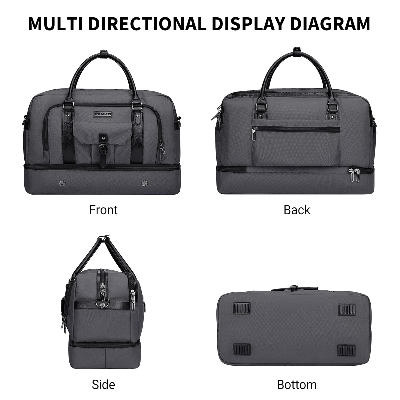 WITZMAN Weekender Bags for Men Women Carry on Duffle Overnight Bag with Toiletry Bag Sets Travel Duffel Bag Shoes Compartment（B694 Silvery Grey）