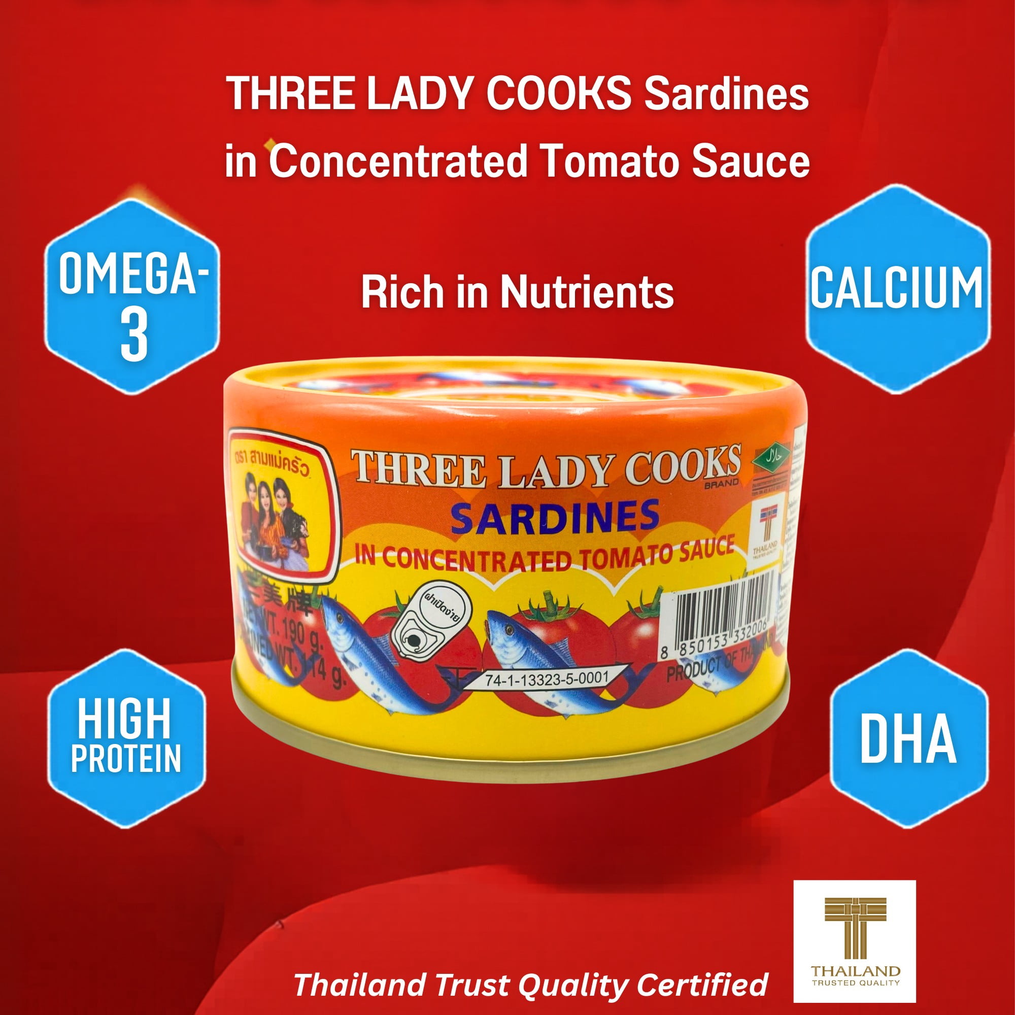 (6 pack) THREE LADY COOKS Canned Sardines in Concentrated Tomato Sauce, 6.7 oz, Wild Caught Sardines, Ready-to-Eat Thai Canned Seafood