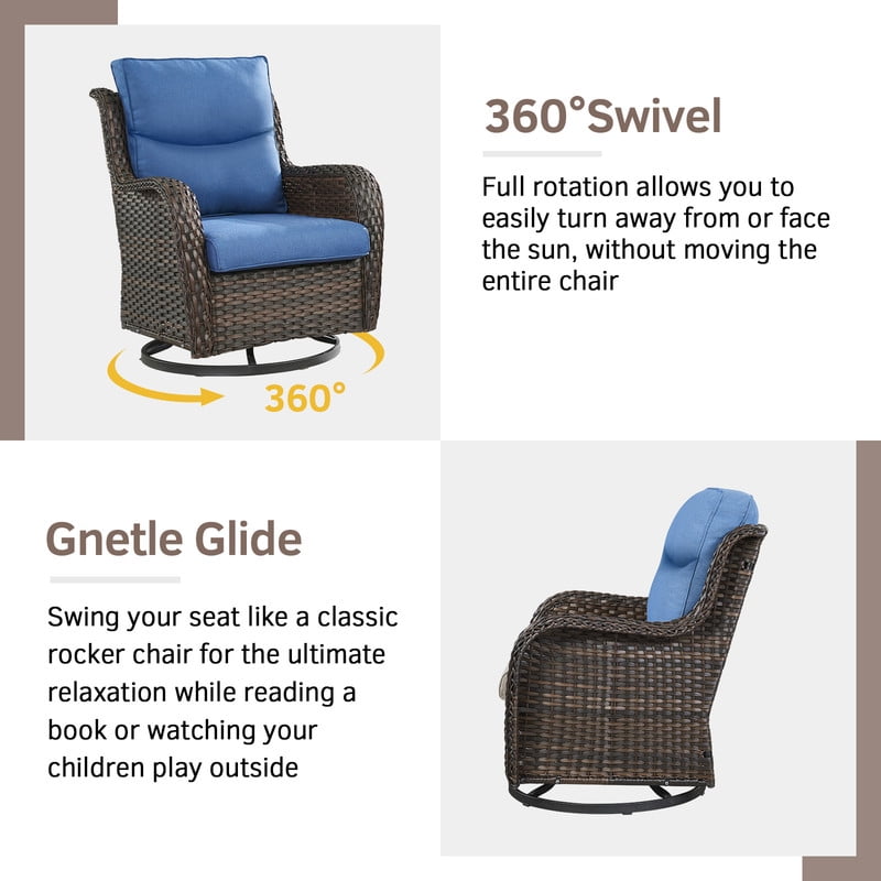 PARKWELL 3-Piece Patio Wicker Chairs Swivel Rocker Set,Outdoor High Back Swivel Glider Rocking Lounge Chairs with Side Table for Patio Deck Garden,Brown/Navy