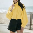 thumbnail image 6 of Women's Gingham Plaid Cropped Windbreaker Jacket Zip Up Mock Neck Long Balloon Sleeve Wind‑Resistant Loose Fit Casual Fall Spring Outerwear Yellow, 6 of 9