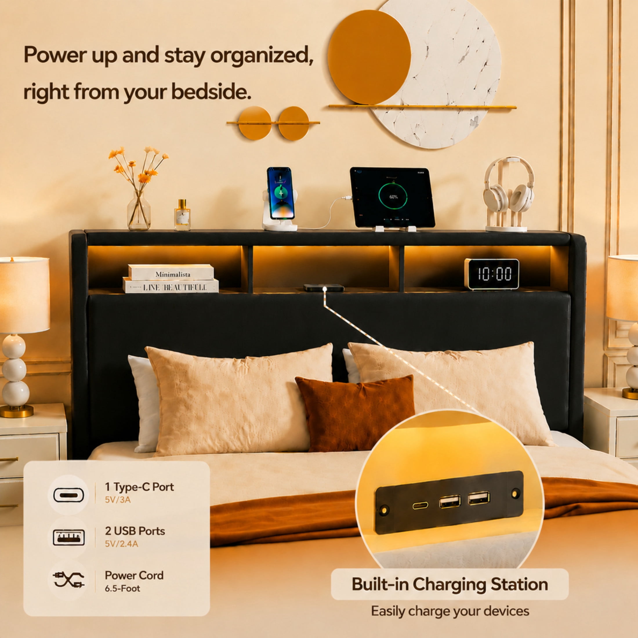 Noble House Rowen Queen Upholstered Platform Bed Frame with Charging Station & LED Light, Storage Drawers, Black