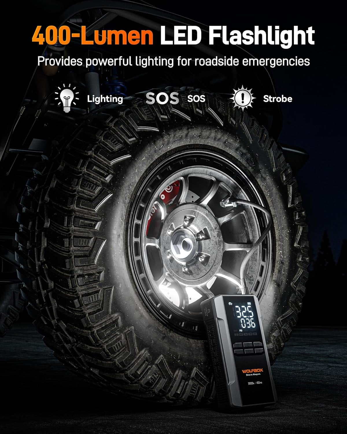 WolfBox 3000A Jump Starter with Air Compressor, 160PSI Digital Tire Inflator, 12V Battery Pack with Flashlight