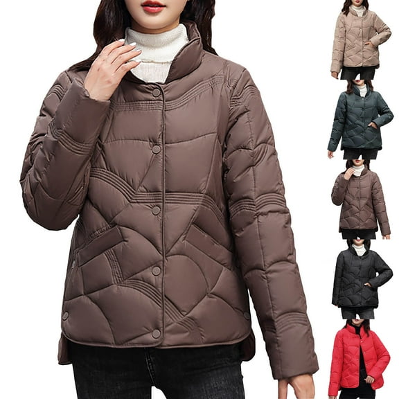 Miluxas Puffer Jacket for Women Solid Casual Long Sleeve Hoodless Jacket Winter Warm Clothes for Women Red XL(XL)