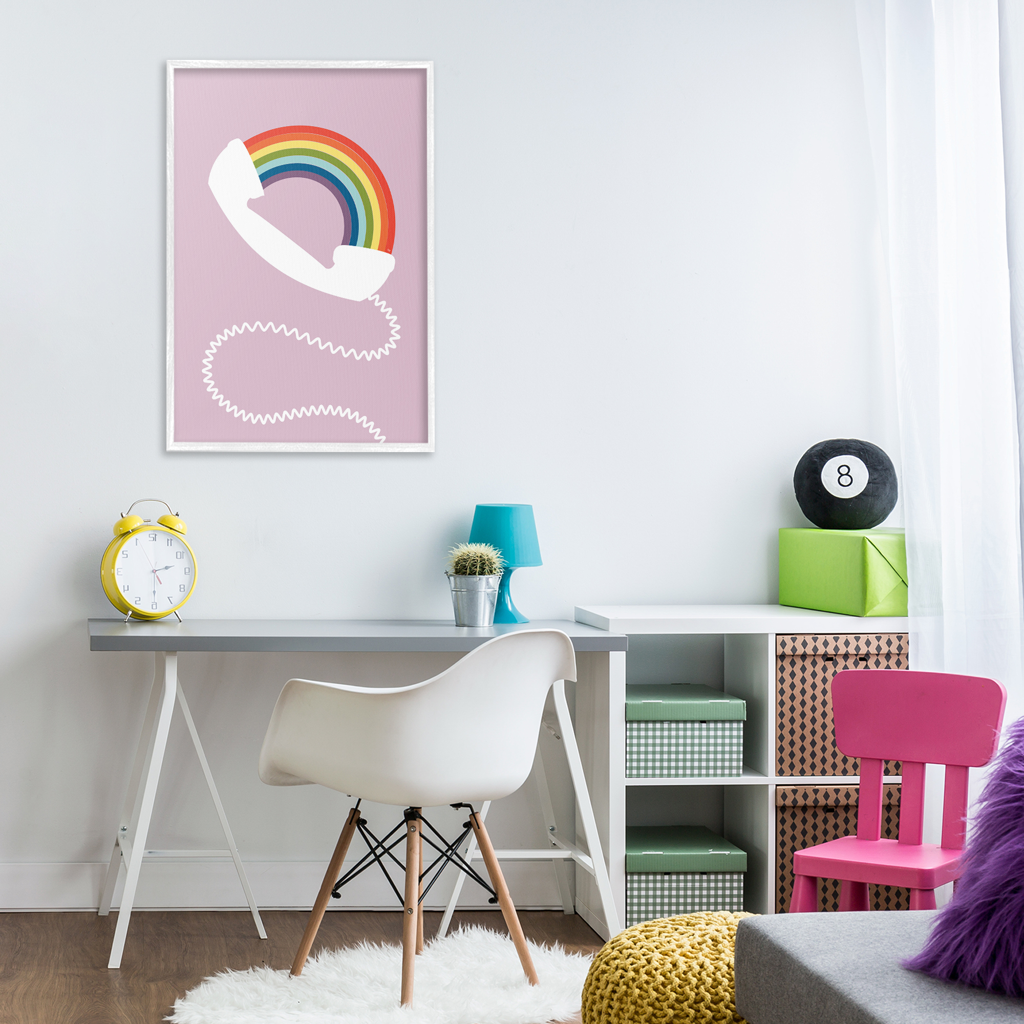 Stupell Industries Rainbow Phone on Pink Novelty Painting White Framed Art Print Wall Art, 20 x 30