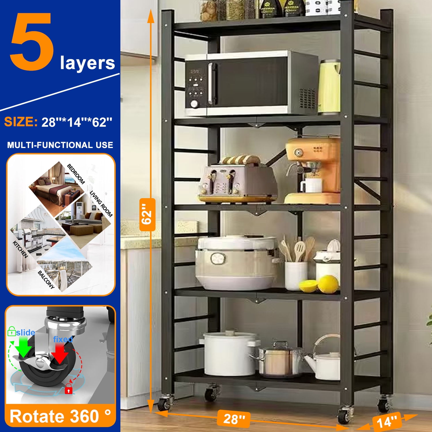 5-Tier Storage Shelf Rack, Heavy Duty Metal Shelf , Foldable Storage Shelving Unit with Wheels, Garage Shelf, Metal Storage Rack, Kitchen Shelf