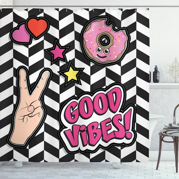 Good Vibes Shower Curtain, Cartoon Pop Art Emoticons Donut Hearts and Stars V Peace Sign Hand Retro Style, Fabric Bathroom Set with Hooks, 69W X 70L Inches, Multicolor, by Ambesonne
