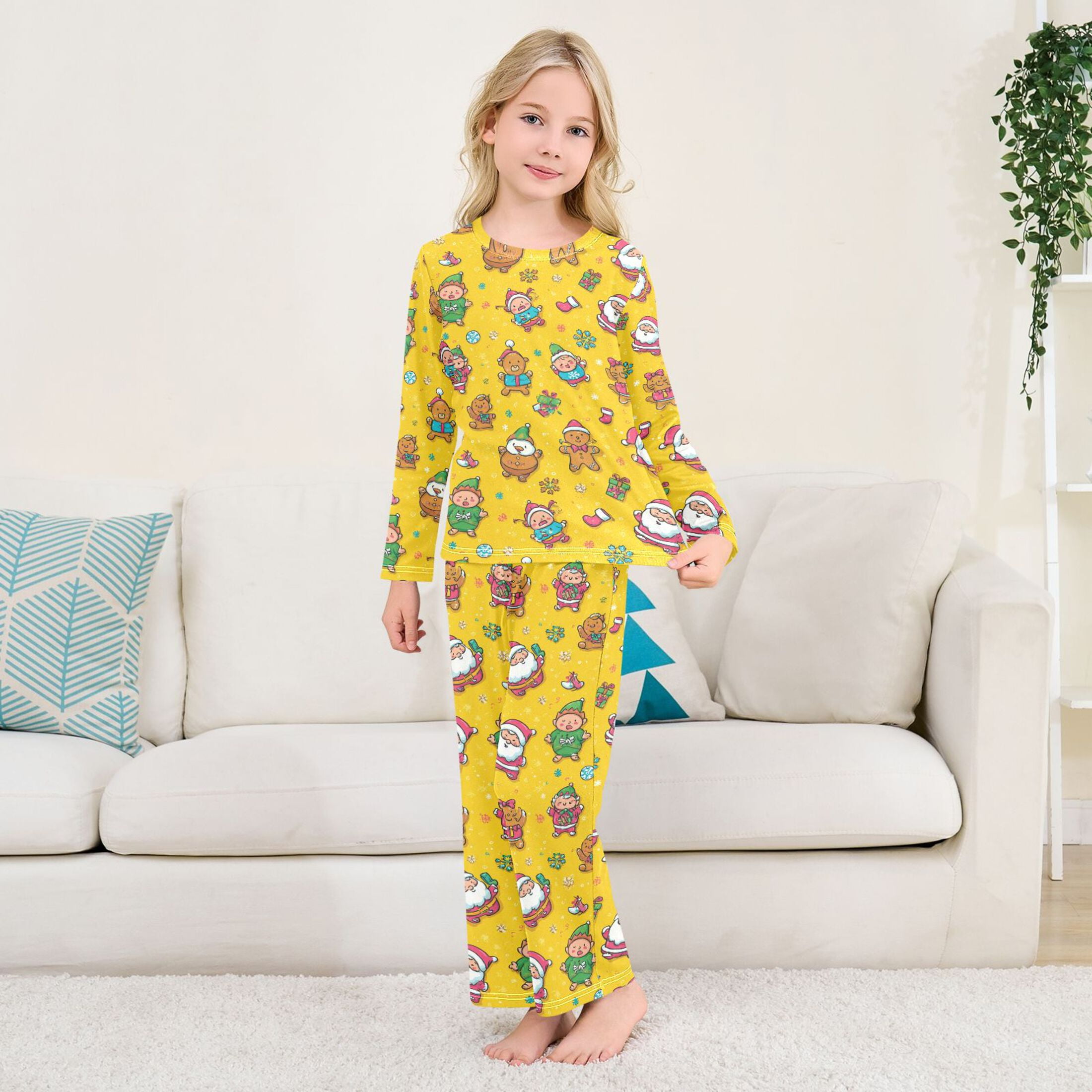 Santa Claus Elves and Gingerbread Men Cozy Soft Long Sleeves Top and Pants 2 Piece Cool Pjs Pajamas Set Sleepwear Size 3-11Y