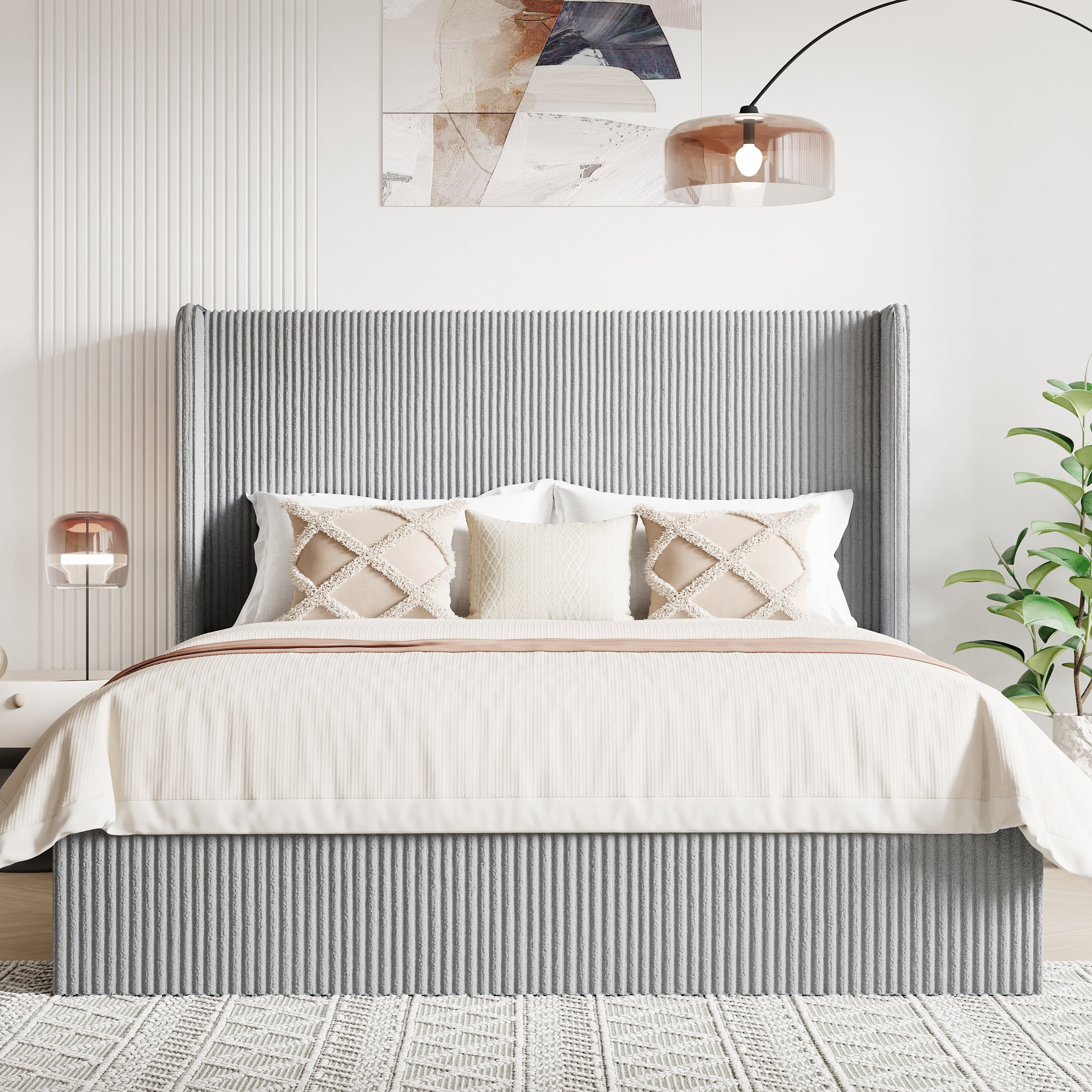Allewie Queen Size Lift-Up Storage Bed Frame with Modern Wingback Headboard, Corduroy Upholstered Platform Bed, Hydraulic Gas Lift Support, Underbed Storage, Wooden Slats, No Box Spring Needed, Grey