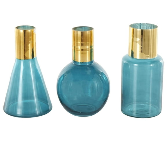 DecMode 8",9",8"H Geometric Tinted Blue Glass Vase with Gold Rim and Varying Shapes, Set of 3