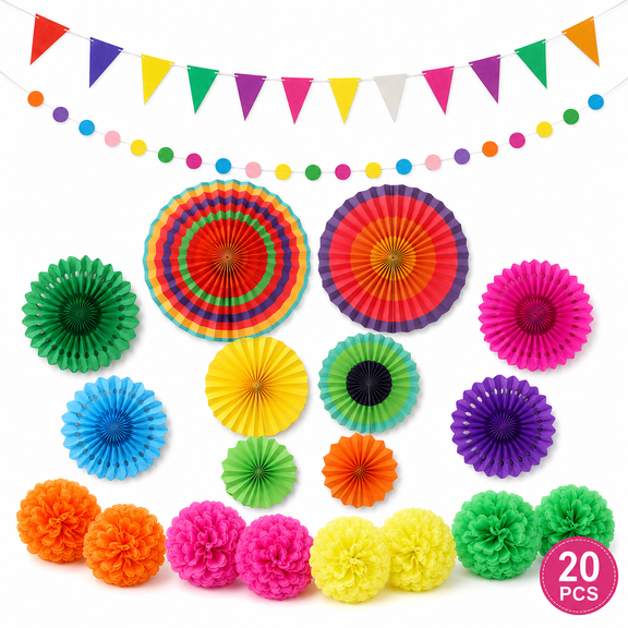 Kabuer Fiesta Paper Fan Set, Collection Featuring Paper Fans, Pom Poms, Pennants, Garlands, Banners, 20 Pcs