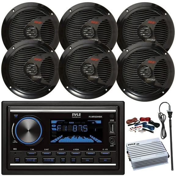 Pyle PLMR2DNBK Double-DIN Boat Marine Bluetooth USB/AUX MP3 Radio Head Unit Stereo Receiver, 6.5" 150W Max Power Waterproof Boat Speakers (3 Pairs), 4 Channel 400 Watt Amplifier W/Wiring Kit, Antenna