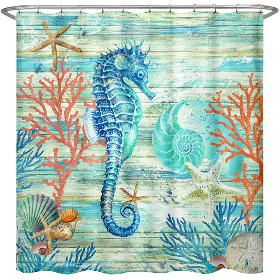 ELC Designs Group Fantasy Seahorse and Vibrant Coral Print Polyester Cloth Shower Curtain, Hooks Included, Bathroom Home Décor, 72 X 72
