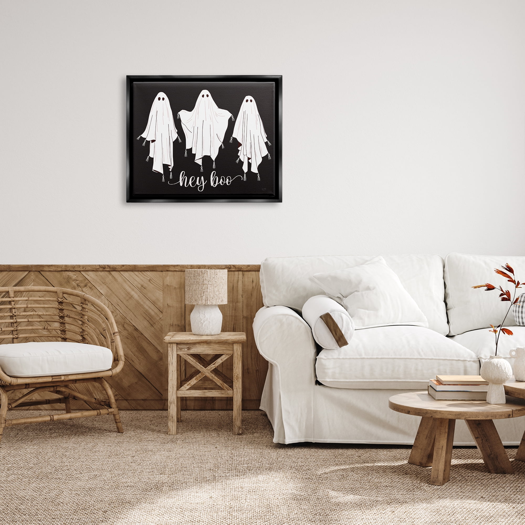 Stupell Industries Hey Boo Three Ghosts Holiday Painting Black Floater Framed Art Print Wall Art, 31 x 25