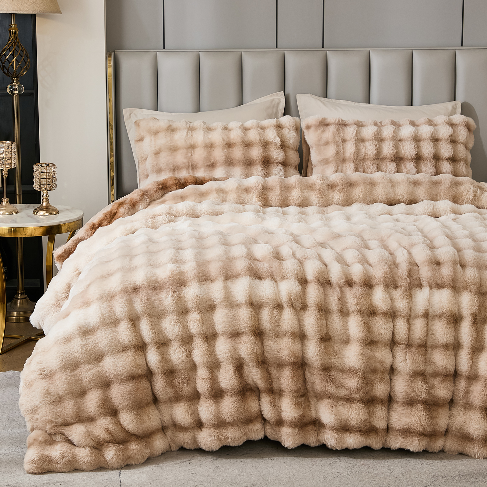 Plush Rabbit Faux Fur Comforter Set Queen/King Size Tie Dyed Fluffy Comforter Bed Set Luxury 3 Pieces Warm Shaggy Winter Comforter Queen Size Soft Bubble Bedding Comforter Set