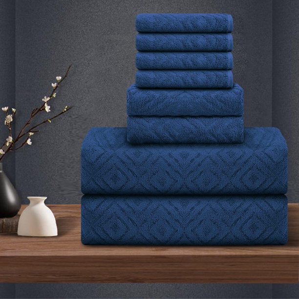 Jessy Home Navy Blue Bath Towel set of 8, 2 Oversized Bath Towels, 2 Hand Towels, 4 Washcloths