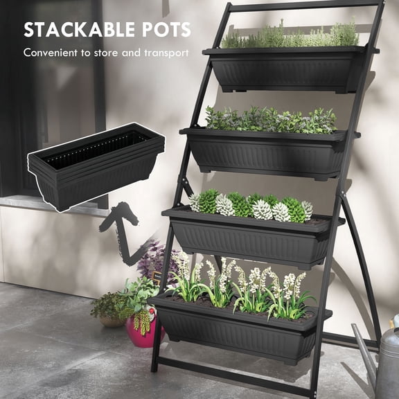 NOBOLEA 4-Tier Vertical Garden Planter, Elevated Raised Bed with Stand, Self-Draining Herb Flower Pot for Indoor Outdoor Balcony, Black