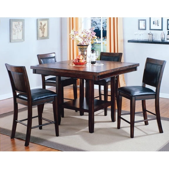 5pc Espresso Counter Height Dining Room Set Table w 20-inch Lazy Susan Rotation Chairs Solid Wood