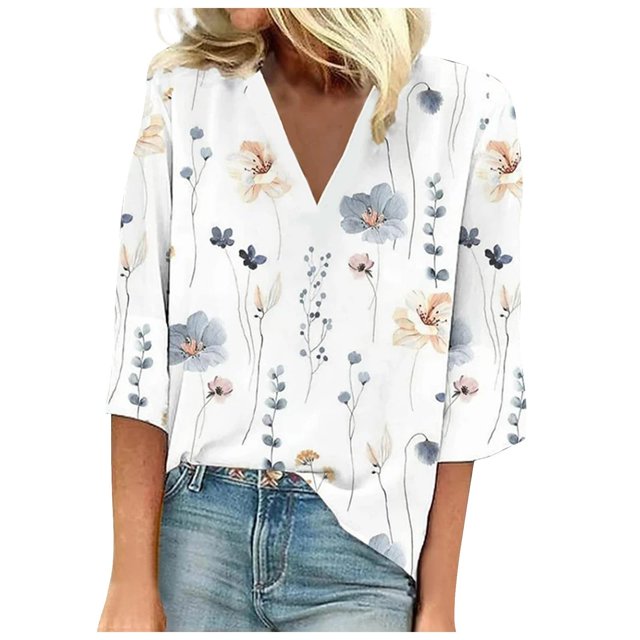 ICHUANYI Clearance Women's Fashion Printed Loose T-shirt 3/4 Sleeves Blouse V Neck Casual Tops(White, XL) ICHUANYI WER2023080700828