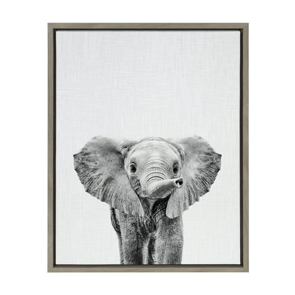 Kate and Laurel Sylvie Black and White Baby Elephant Framed Canvas Wall Art by Simon Te Tai, 18x24 Gray, Cute Animal Home Decor for Living Room, Bedroom, Bathroom, Or Nursery