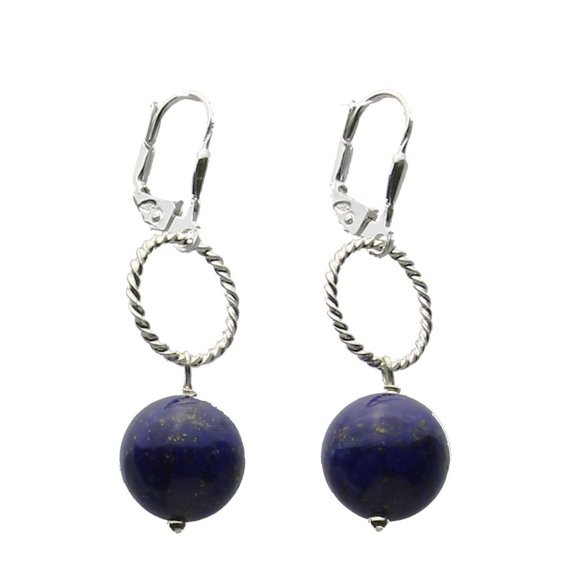 Sterling Silver Blue Lapis Stone Round Twisted Circle Link Lever-back Earrings