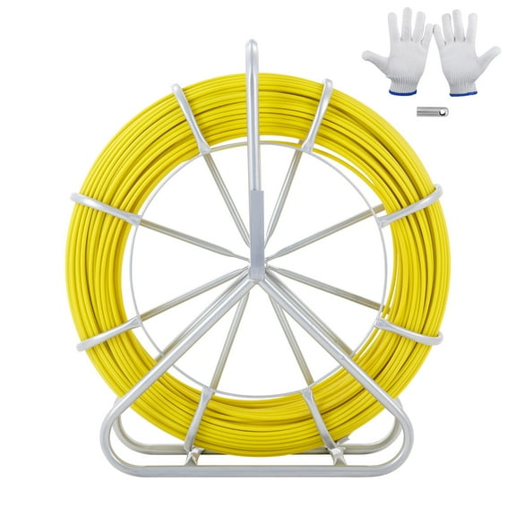 KFFKFF Fiberglass Fish Tape, 492ft Length, 5/16in Diameter, Cable Installation Tool with Metal Reel Support, Includes 3 Attachable Heads, Ideal for Wiring in Walls & Conduits, Insulated