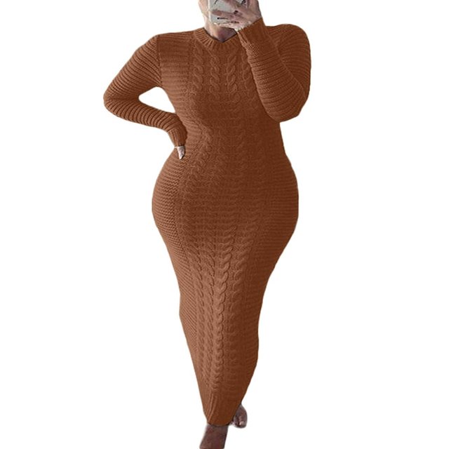 Robe Tricotée à Manches Longues pour Femmes Motif Crochet Unie Côtelée Robe Décontractée