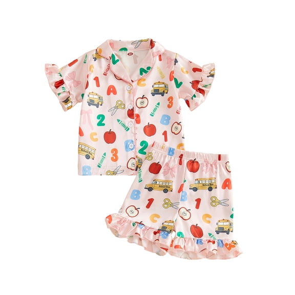 RUINIXCW Kids Toddler Baby Girls Silk Satin Back to School Pajamas Set Summer PJS Set Sleepwear Apple Pencil Printed Short Sleeve Button Down Shirt and Ruffle Shorts Set Homewear Loungewear 3-9 Years