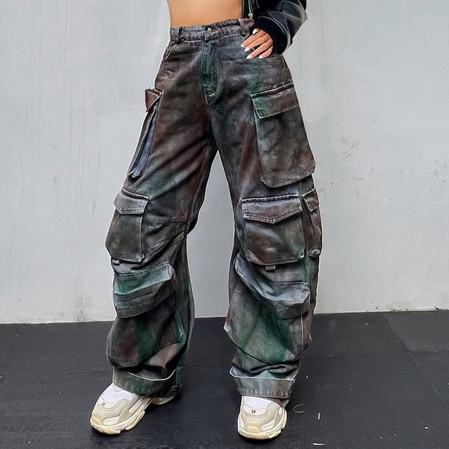 Pantalones de mezclilla de trabajo con grafiti, de moda, holgados, con múltiples bolsillos y para uso industrial pesado