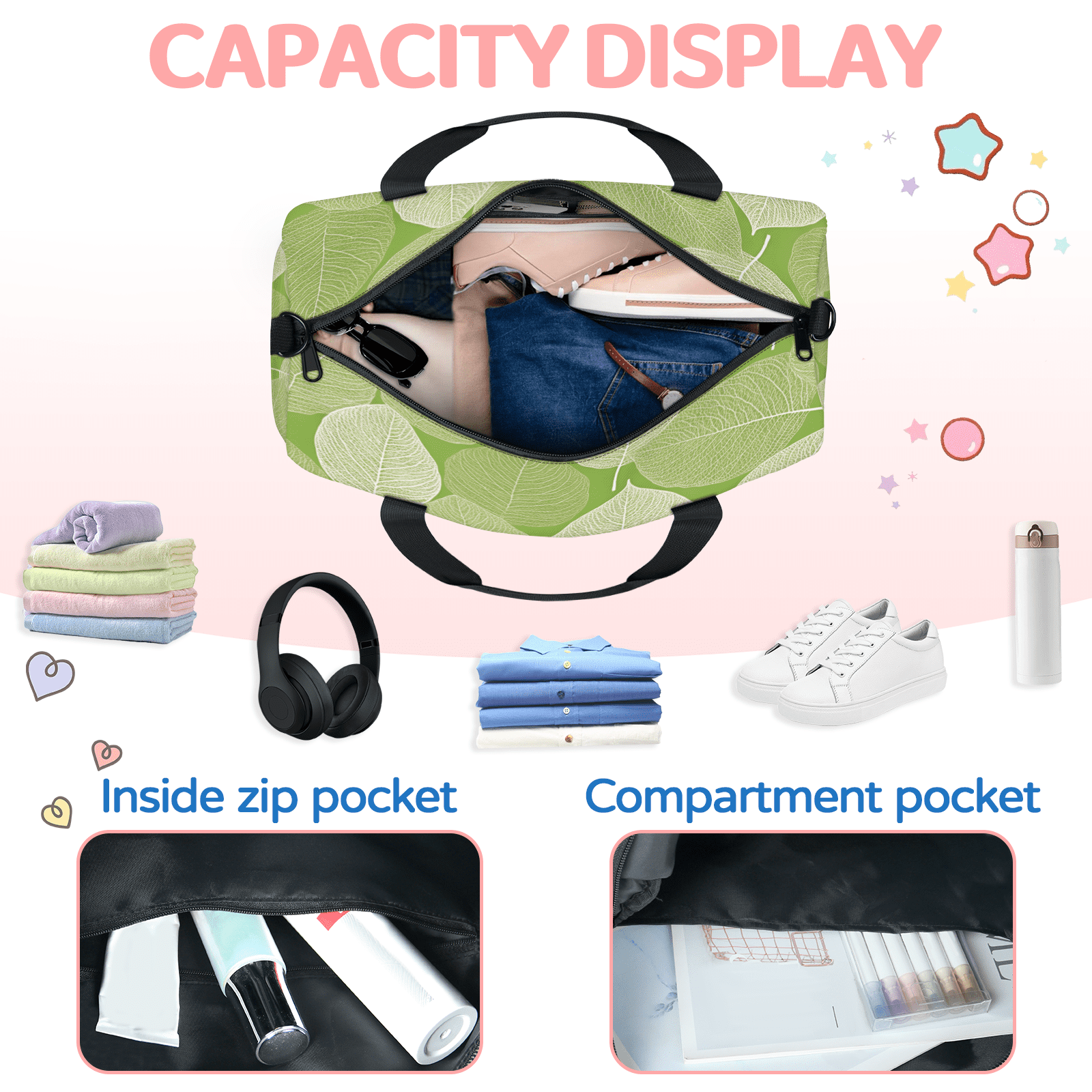 Herdesigns Leaf Travel Duffle Bag Sports Yoga Weekender Overnight Carry on Workout Bags Lightweight Waterproof Gym Tote Bag for Women Green Leaves